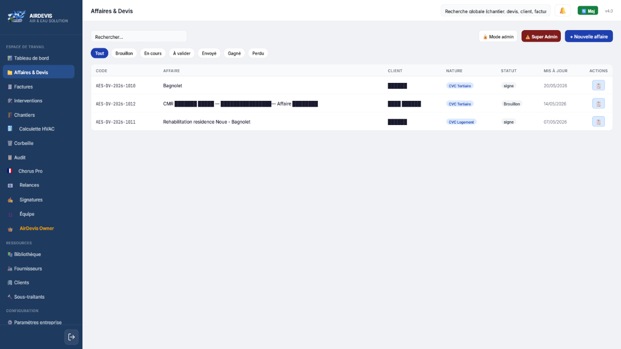 📁 Affaires & Devis — Liste avec filtres et statuts