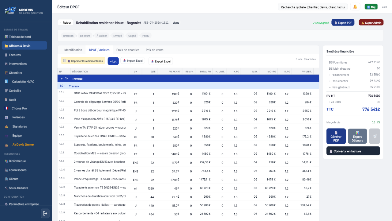 📋 Éditeur DPGF — Devis avec lots, sous-lots & articles