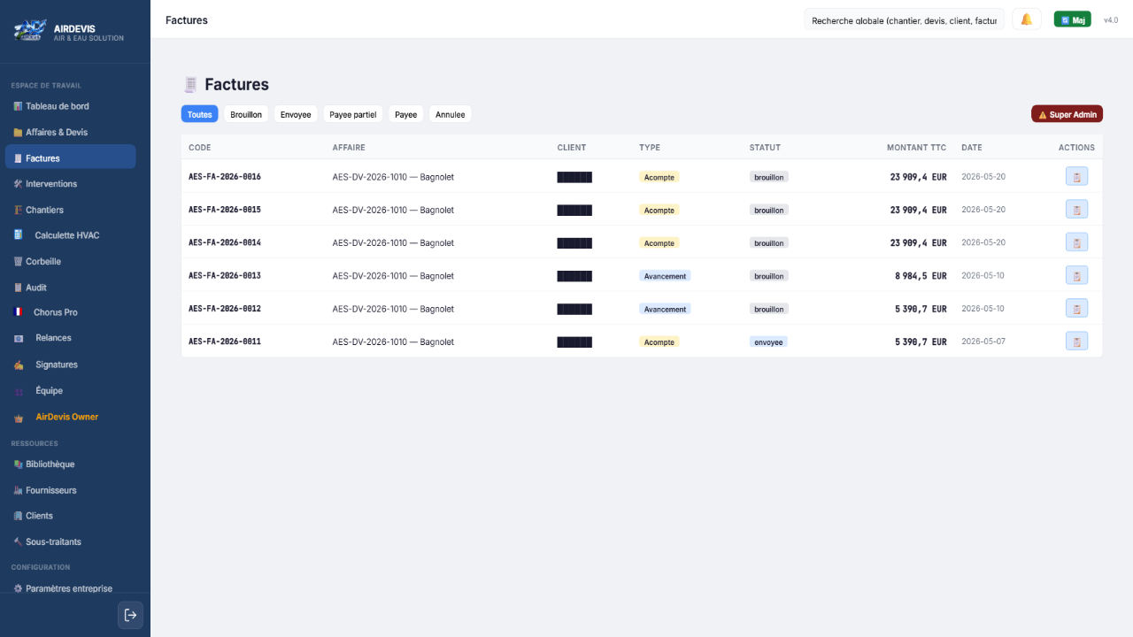 🧾 Factures — Acomptes, avancement, statuts