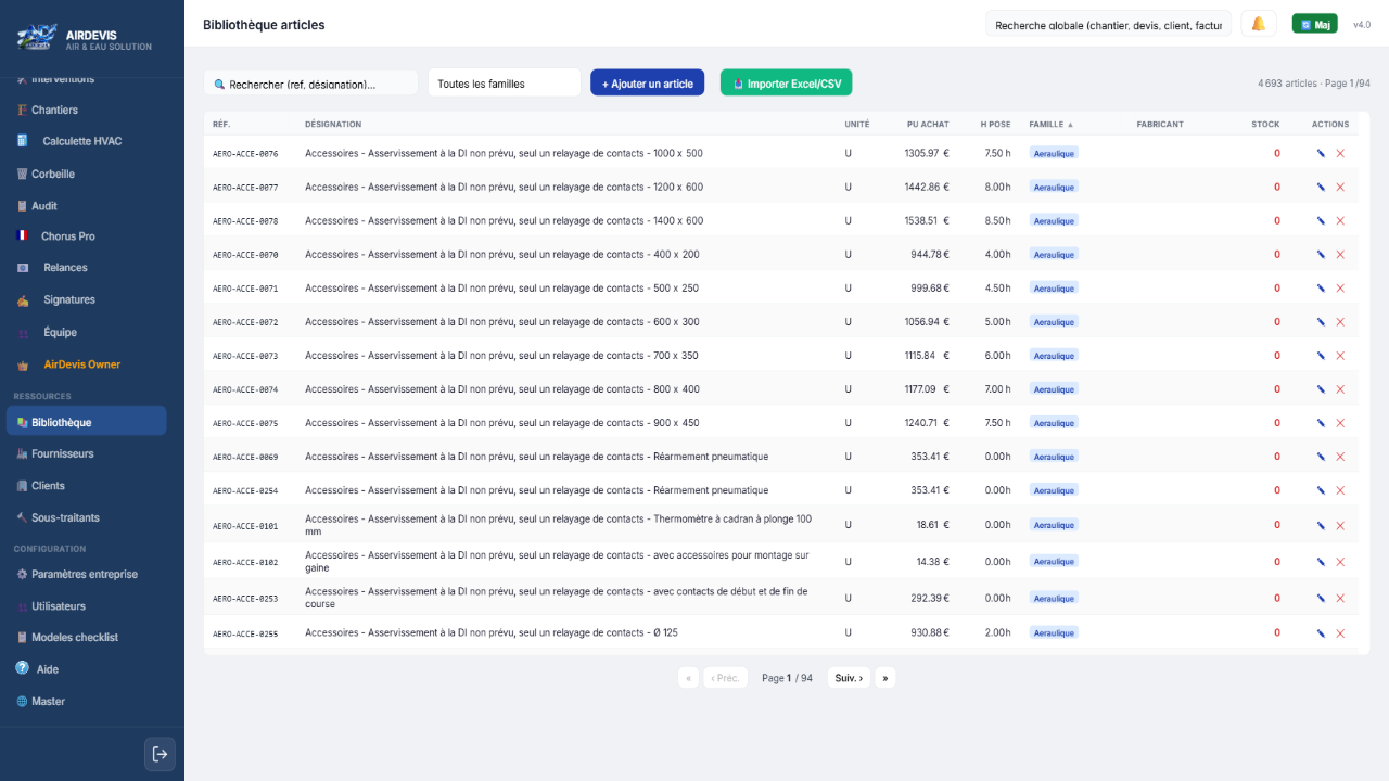 📚 Bibliothèque de prix — 4 693 articles BTP + import Excel/CSV