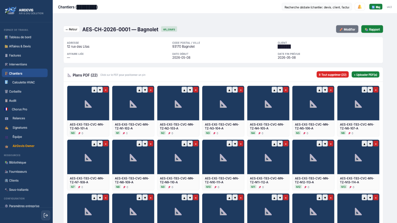 📐 Suivi chantier — Plans PDF, pins d'annotation
